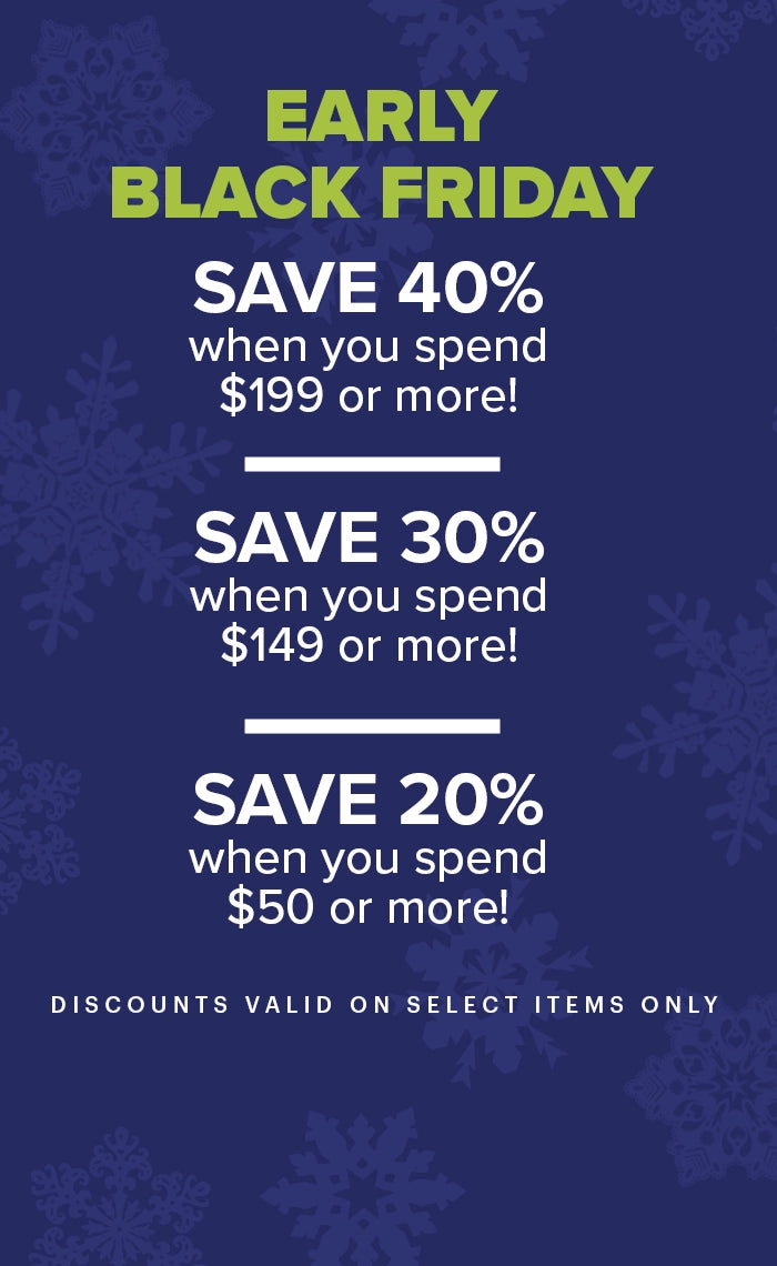 Black Friday sale flyer with discount percentages on a blue background with snowflakes.