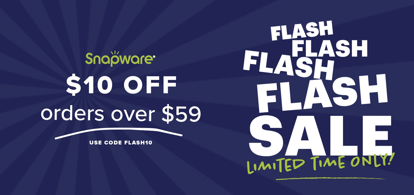 Snapware flash sale promotion with $10 off offer on a blue background