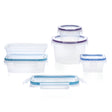 Set of clear food storage containers with blue lids on a white background