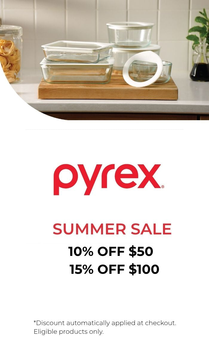 Pyrex kitchenware set on a counter with promotional text for a summer sale.