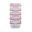 Set of clear food storage containers with pink lids on a white background