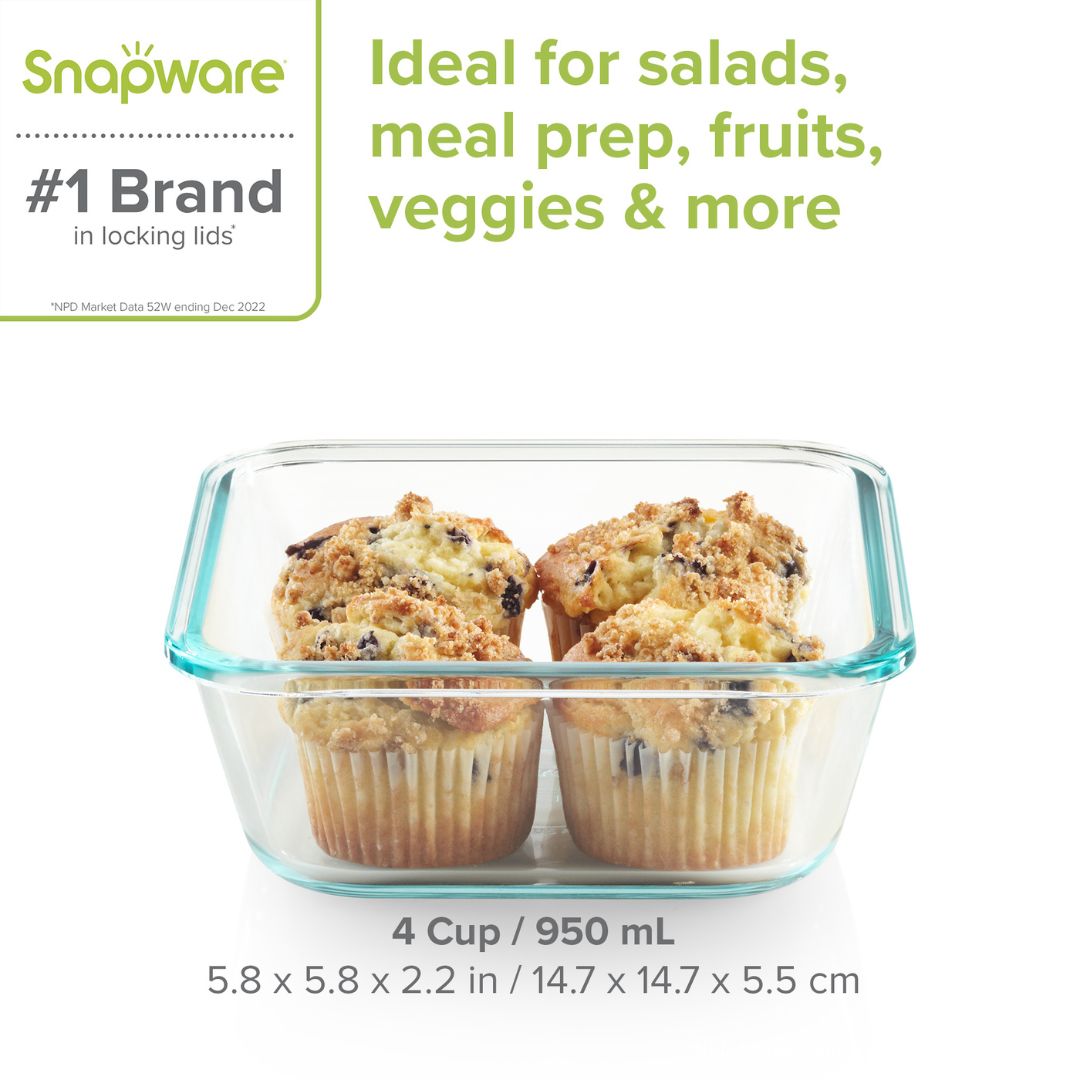 Glass food container with muffins labeled 'Snapware' on a white background