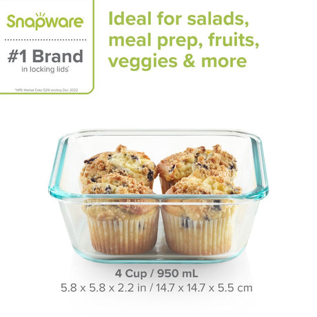 Glass food container with muffins labeled 'Snapware' on a white background