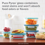 Pyrex glass containers with food on a kitchen counter, text about properties of Pyrex containers.