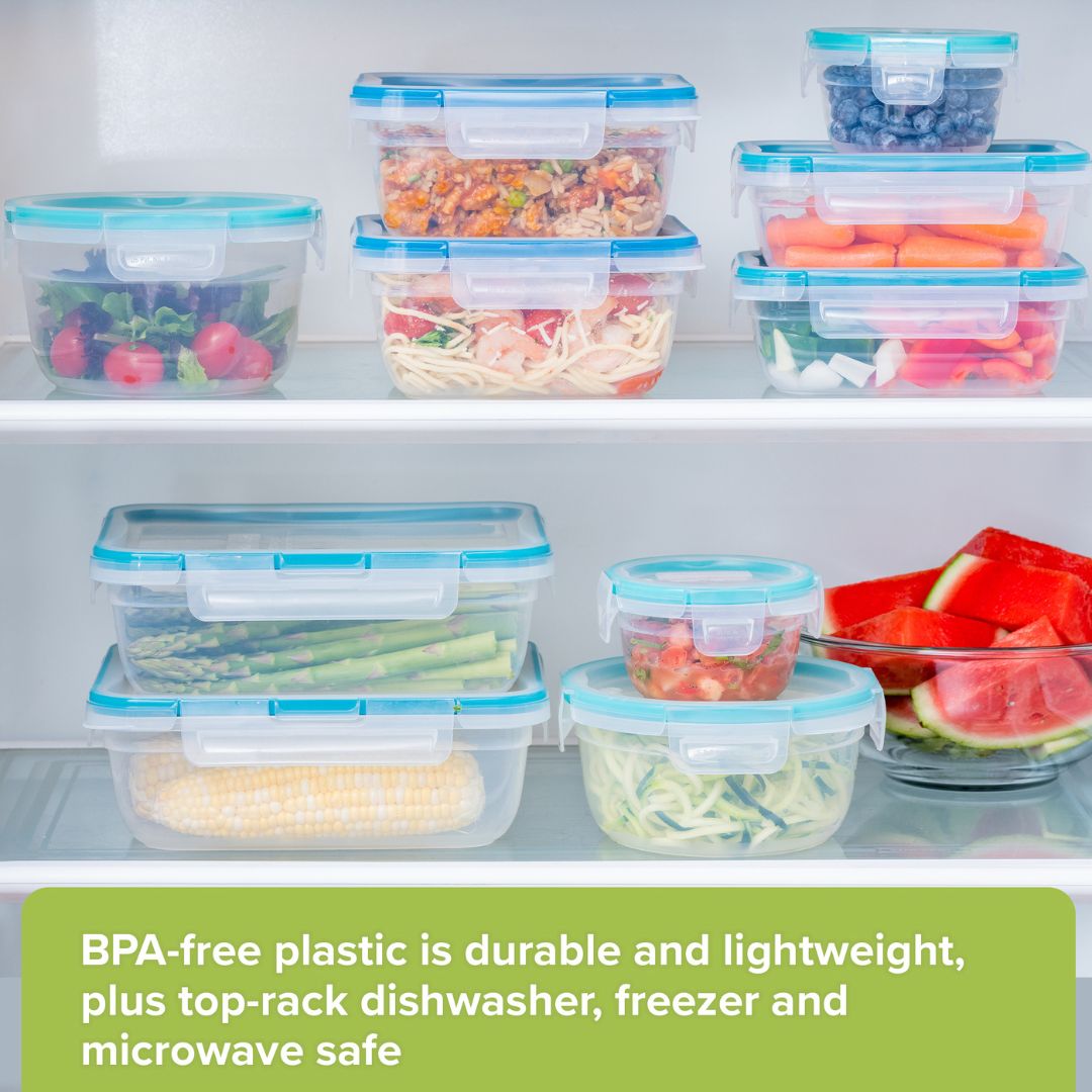 Set of BPA-free food storage containers with various foods inside, placed on a refrigerator shelf.