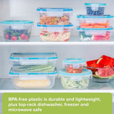 Set of BPA-free food storage containers with various foods inside, placed on a refrigerator shelf.