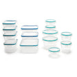 Set of clear food storage containers with blue lids on a white background