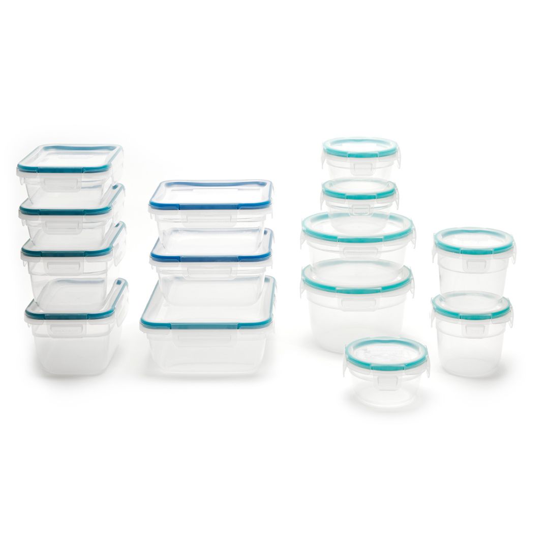 Set of clear food storage containers with blue lids on a white background
