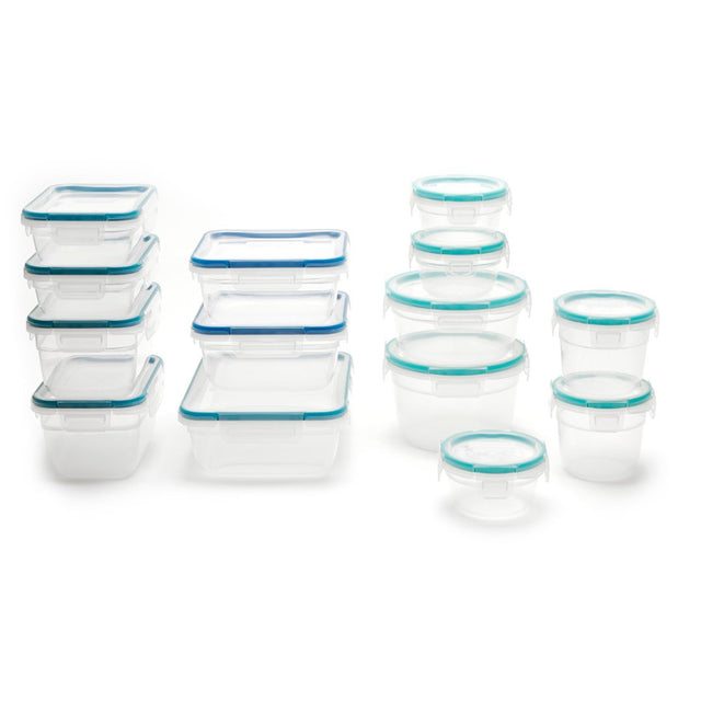 Set of clear food storage containers with blue lids on a white background