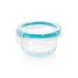 Clear container with a blue lid on a white background