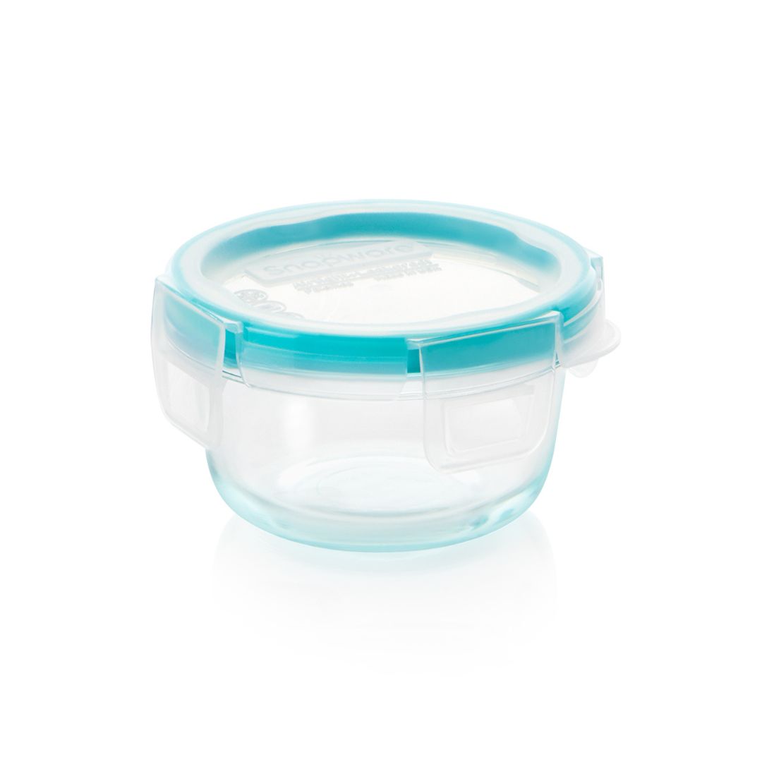 Clear container with a blue lid on a white background