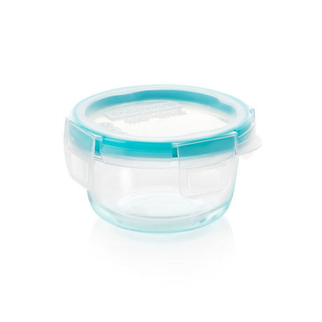 Clear container with a blue lid on a white background