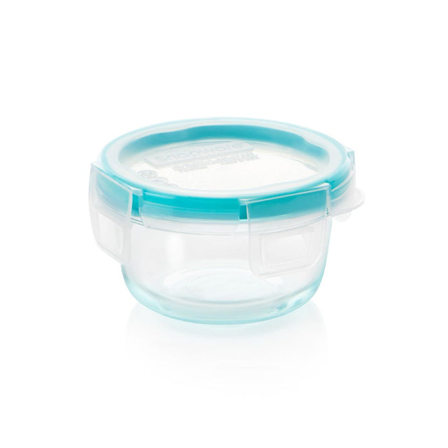 Clear container with a blue lid on a white background