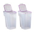 Two clear storage containers with purple lids on a white background
