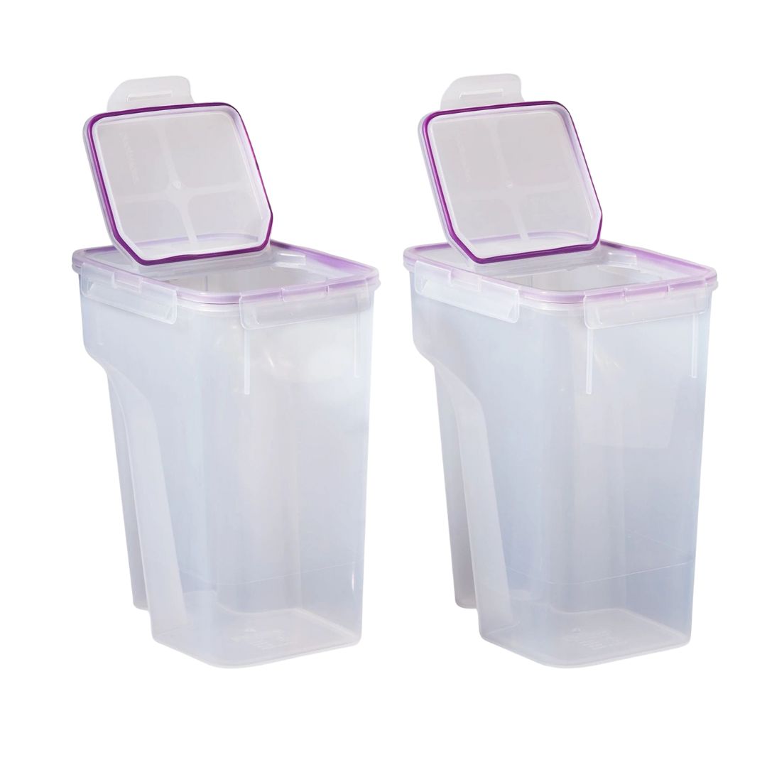 Two clear storage containers with purple lids on a white background
