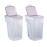Two clear storage containers with purple lids on a white background