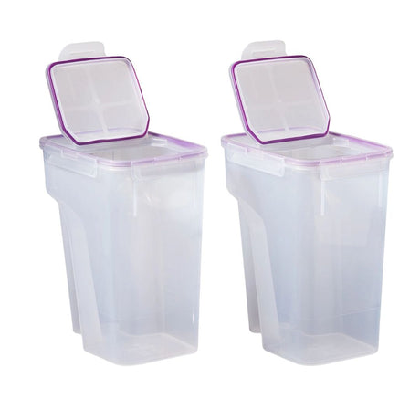 Two clear storage containers with purple lids on a white background