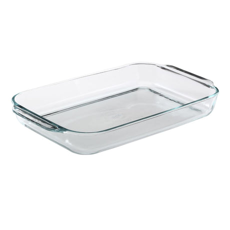 Clear glass rectangular baking dish on a white background