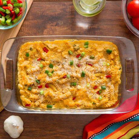 Baked pasta with cheese in a easy grab bakeware dish 