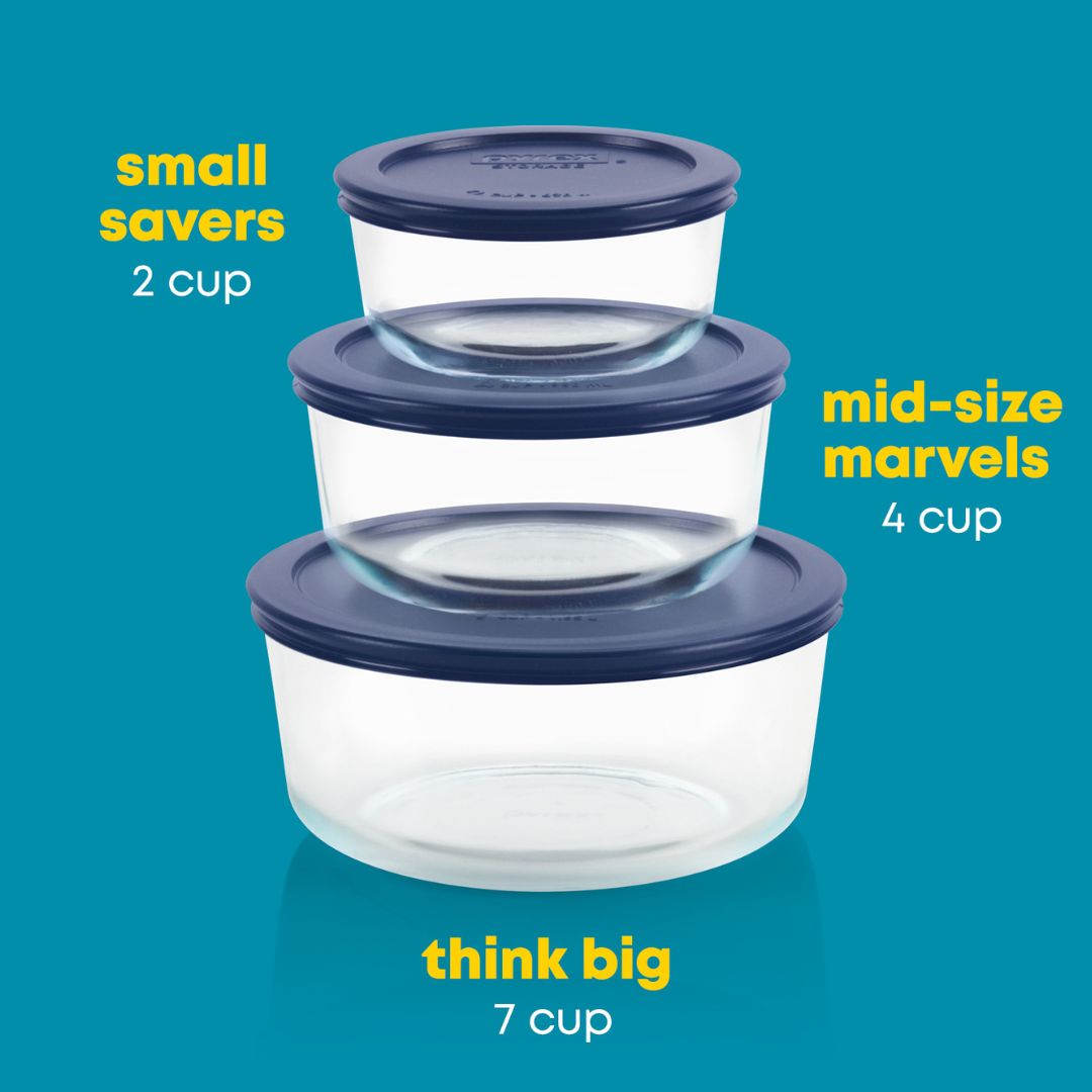 Set of three clear storage containers with blue lids on a blue background, labeled 'small savers', 'mid-size marvels', and 'think big'.