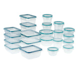 Set of clear food storage containers with blue lids on a white background