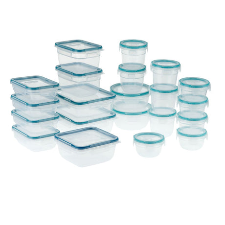 Set of clear food storage containers with blue lids on a white background