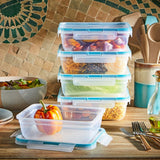 Stack of food storage containers with lids on a kitchen counter