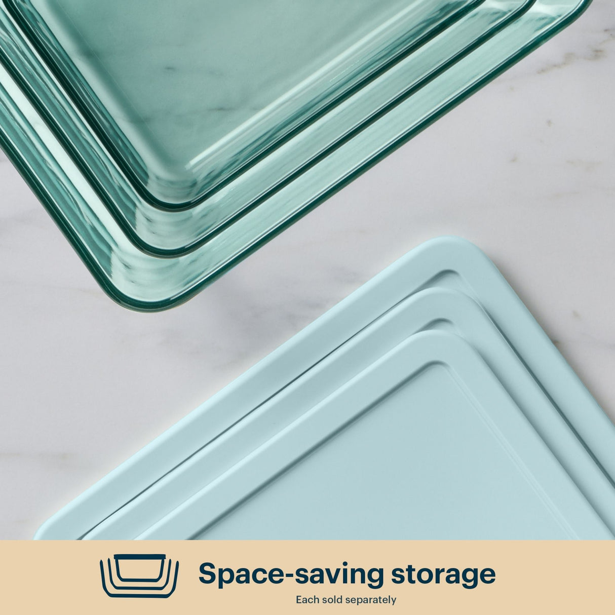 Stackable glass containers and lids designed for space-saving storage.