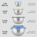 Set of stainless steel bowls with lids and their measurements on a light gray background