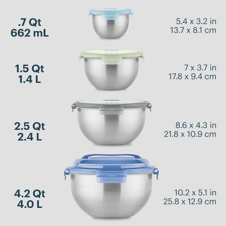 Set of stainless steel bowls with lids and their measurements on a light gray background
