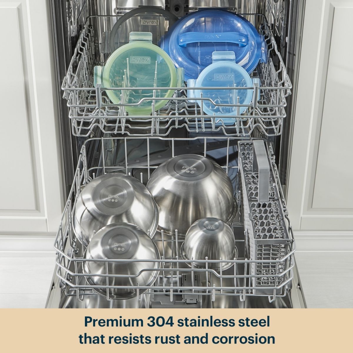Dishwasher with stainless steel pots and pans inside, text about 304 stainless steel.