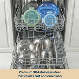 Dishwasher with stainless steel pots and pans inside, text about 304 stainless steel.