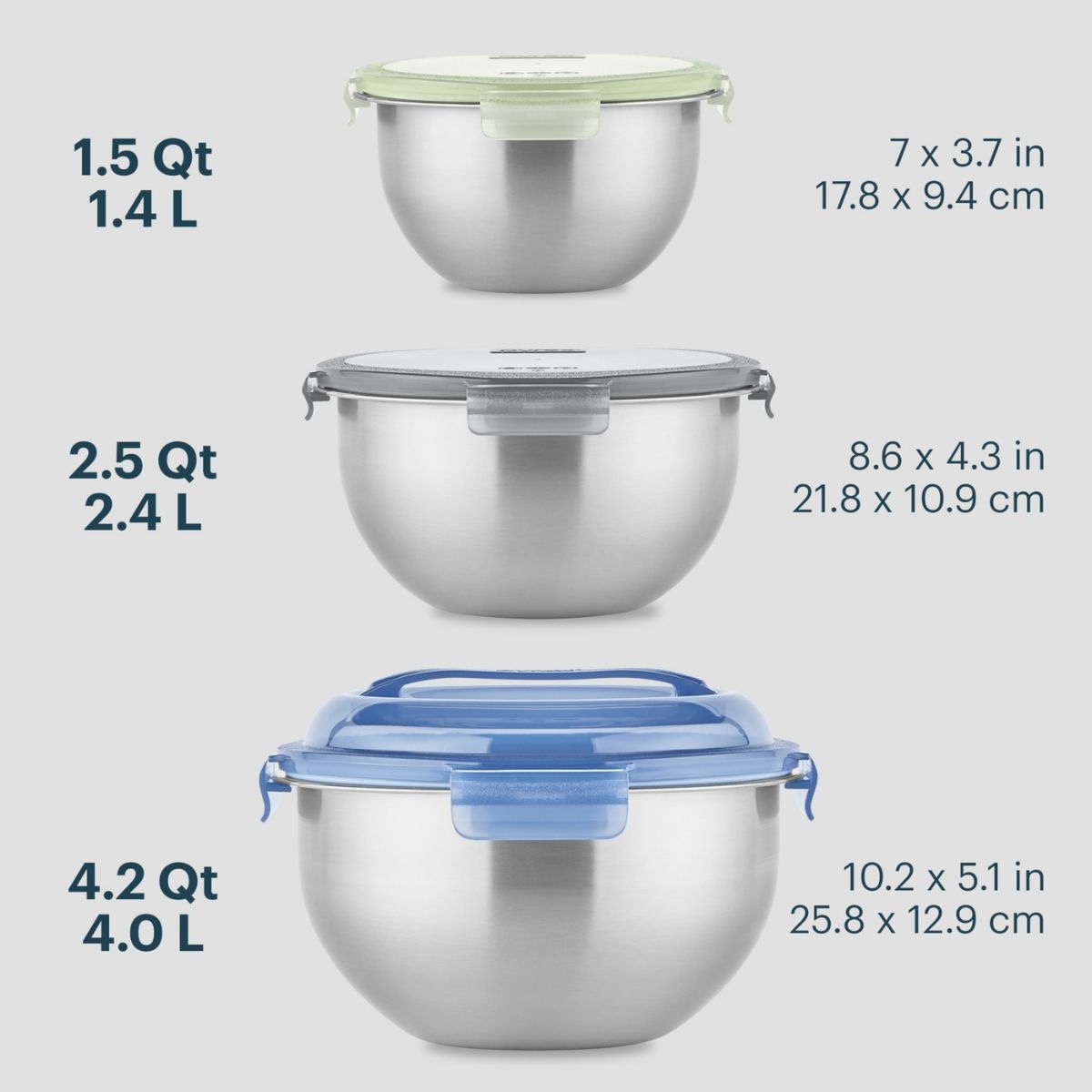 Three stainless steel mixing bowls with lids of different sizes on a white background
