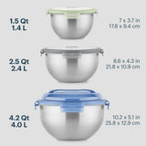 Three stainless steel mixing bowls with lids of different sizes on a white background