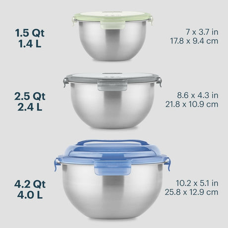 Three stainless steel mixing bowls with lids of different sizes on a white background