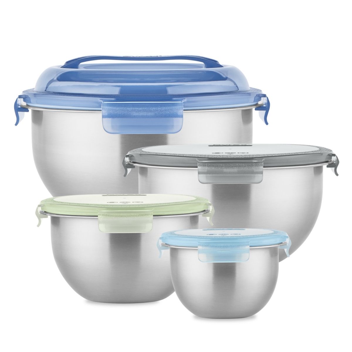 Set of stainless steel food containers with blue and green lids on a white background