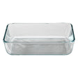 Clear glass rectangular baking dish on a white background