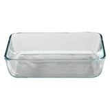 Clear glass rectangular baking dish on a white background