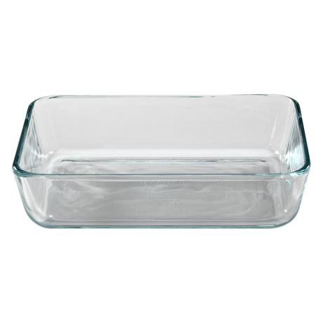Clear glass rectangular baking dish on a white background