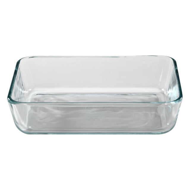 Clear glass rectangular baking dish on a white background