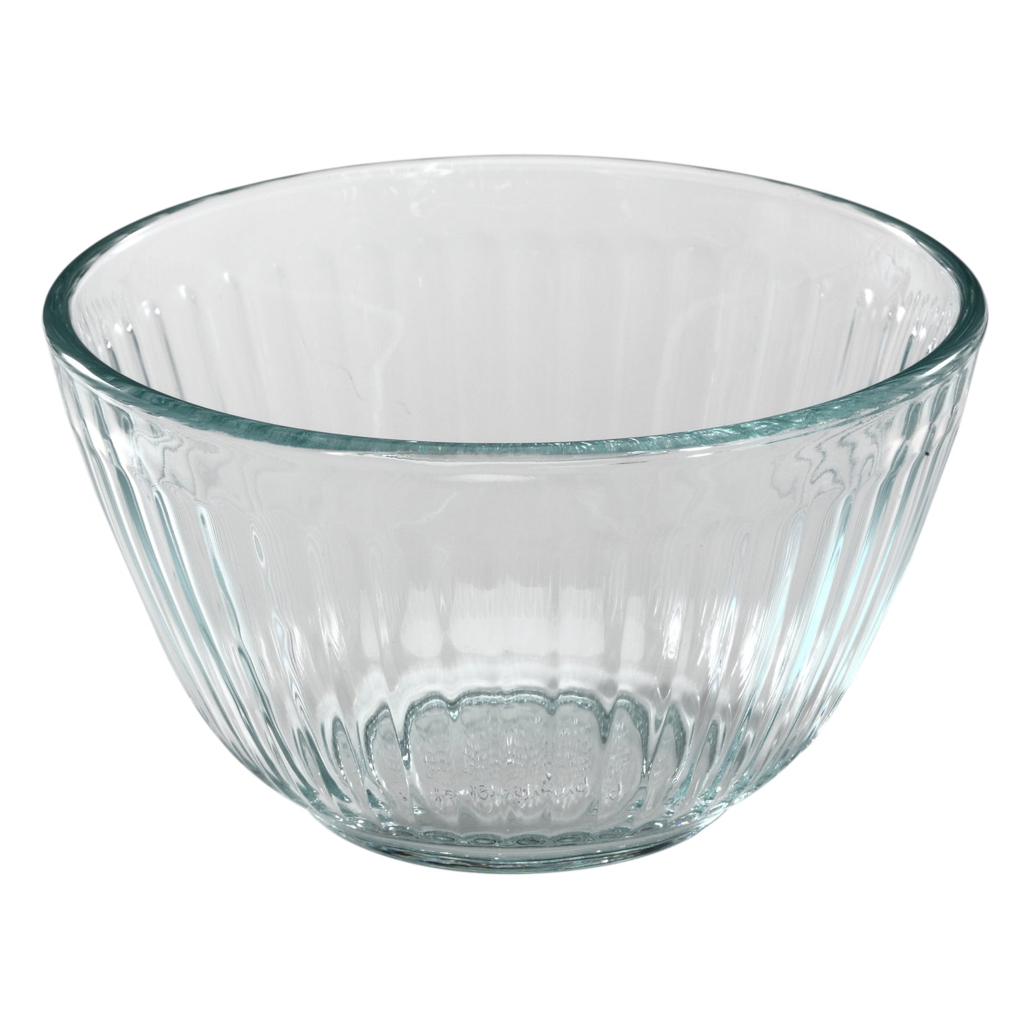 Clear glass bowl with textured design on a white background