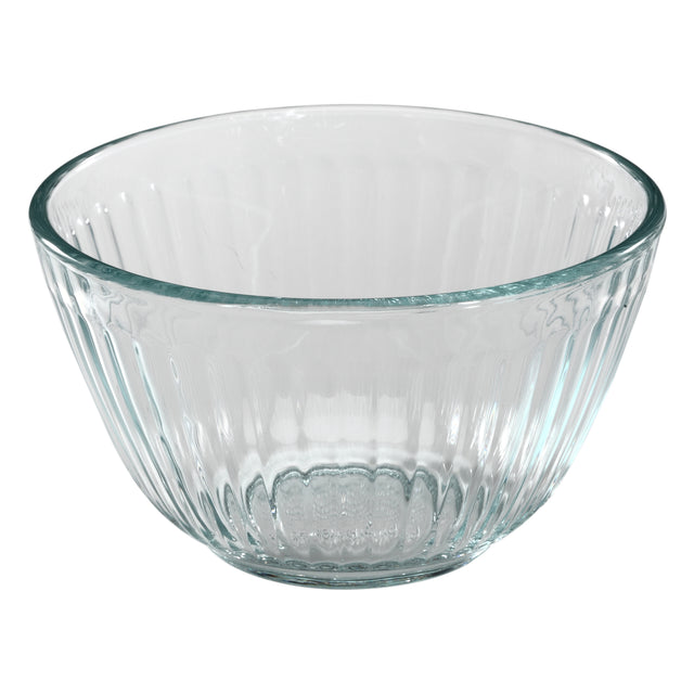 Clear glass bowl with textured design on a white background