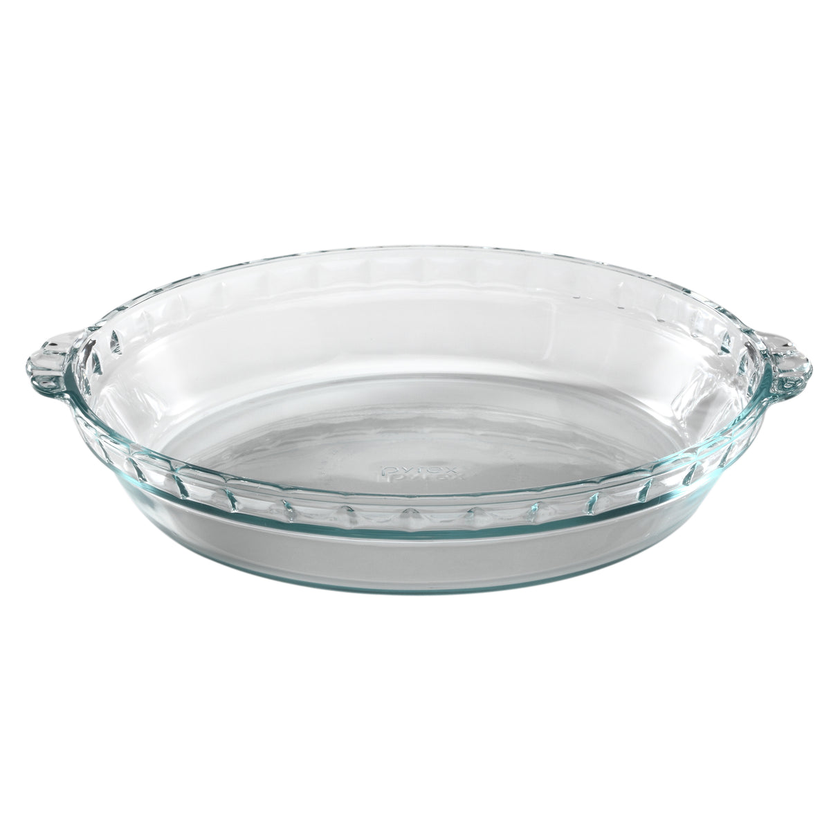 Clear glass pie dish on a white background