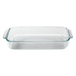 Clear glass baking dish on a white background
