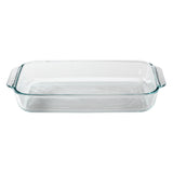 Clear glass baking dish on a white background