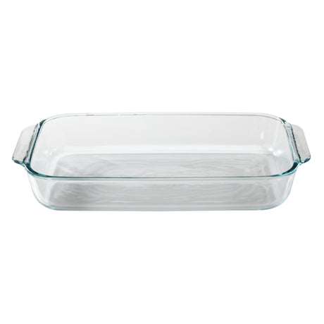 Clear glass baking dish on a white background