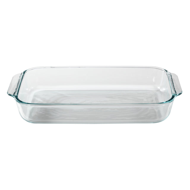 Clear glass baking dish on a white background