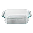 Clear glass baking dish with handles on a white background