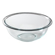 Clear glass mixing bowl on a white background
