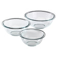 Three clear glass bowls on a white background